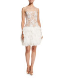 Cali Sleeveless Illusion Feather-Trim Dress, Ivory/Nude