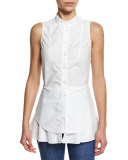 Sleeveless Cotton Button-Front Shirt, Soft White