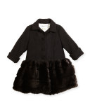 Faux-Fur-Trim Button-Front Peacoat, Black, Size 7-14