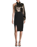 Victoria One-Sleeve Scarf Halter Dress, Black/Multi