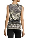 Sleeveless Ruched Batik Scuba Top, Black/White