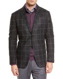 Windowpane Two-Button Silk Blazer, Dark Gray
