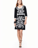 3/4-Sleeve Damask-Pattern Dress, Plus Size