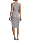 Sleeveless Printed Cutout Sheath Dress, Gray/White