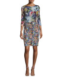 3/4-Sleeve Floral-Print Mesh Sheath Dress 