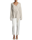 Barrett Belted V-Neck Wool-Blend Sweater, Oatmeal