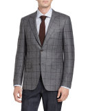 Windowpane Two-Button Sport Coat, Gray/Brown
