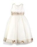 Sleeveless Metallic-Trim Satin & Tulle Dress, Ivory/Taupe, Size 7-14