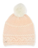 Cable-Knit Beanie w/ Pompom, Pearl