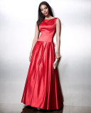 Sleeveless Pleated Satin Ball Gown, Red