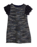Ida Floral-Trim Tweed Shift Dress, Navy, Size 10-12