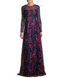 Long-Sleeve Embroidered Floral Lace Gown, Blue/Multicolor