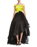 Off-the-Shoulder High-Low Gown, Yellow/Black