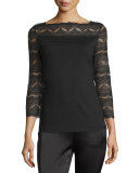 Lace 3/4-Sleeve Boat-Neck Blouse, Black
