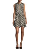 Calder Sleeveless Damask Mini Dress, Black/Yellow