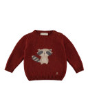 Long-Sleeve Raccoon-Intarsia Pullover Sweater, Rust, Size 12M-4