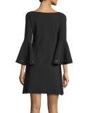 Bell-Sleeve Ponte A-Line Dress, Black