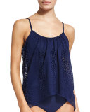 Snake Charmer Embroidered-Cutout Swim Top, Navy