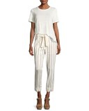 Linen Crewneck Fringe Tee, White