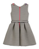 Sleeveless Pleated Striped Fit-and-Flare Dress, Black/White, Size 7-16
