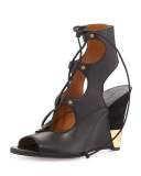Leather Gladiator Wedge Sandal, Black