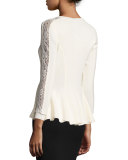 Lace-Sleeve Peplum Cardigan, Vanilla