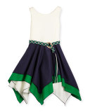 Sleeveless Belted Scuba & Poplin Handkerchief Dress, Navy/White, Size 4-6X