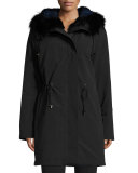 Hooded Fur-Trim Coat w/ Removable Fur Lining, Black/Blue