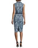 Floral-Print Collared Dress W/Belt, Navy/Multi 