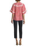 short-sleeve ikat-print crochet-trim top, red chestnut/multi