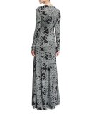 Leaf-Print Silk Long-Sleeve Gown, Black/Gray