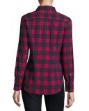 Long-Sleeve Flannel Plaid Button-Front Blouse, Hollyberry/Midnight