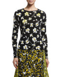 Embellished Floral-Print Pullover, Black/White/Yellow