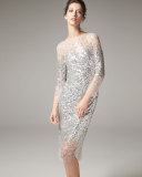 Sequined 3/4-Sleeve Illusion Midi Dress, Silver