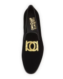 Manhattan Velvet Loafer with Gancini Embroidery, Black