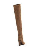 Stretch-Suede Buckle Over-the-Knee Boot, Caramel