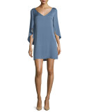 Split-Sleeve Silk Crepe Dress, Steel Blue