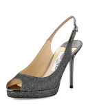 Nova Peep-Toe Lamé Slingback, Pewter