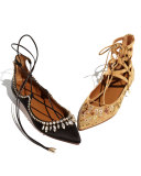 Christy Crystal Lace-Up Pointed-Toe Flat, Black