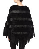 Fringe Leather-Trim Mink-Fur Poncho, Black