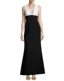 Sleeveless Two-Tone Crepe Gown, White/Black