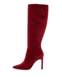 Hyper Pointed-Toe Velvet Knee Boot, Scarlet