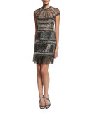 Cap-Sleeve Deco Fringe-Skirt Mini Dress, Silver/Black