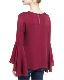 3/4-Bell Sleeve Stretch-Silk Top, Bordeaux