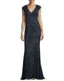 Fleur Beaded Cap-Sleeve V-Neck Gown, Navy