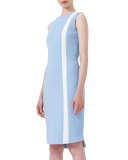 Sleeveless Contrast-Stripe Sheath Dress, Sky Blue/Cream