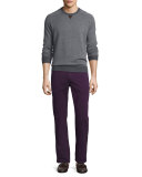 Sueded-Trim Crewneck Sweater, Charcoal