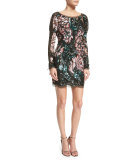 Long-Sleeve Sequined Cocktail Dress, Military Green