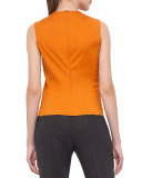 Sleeveless Jewel-Neck Suede/Poplin Combo Blouse, Karminspint
