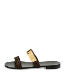 Men's Braided Leather Slide Sandal w/Golden Bar, Brown